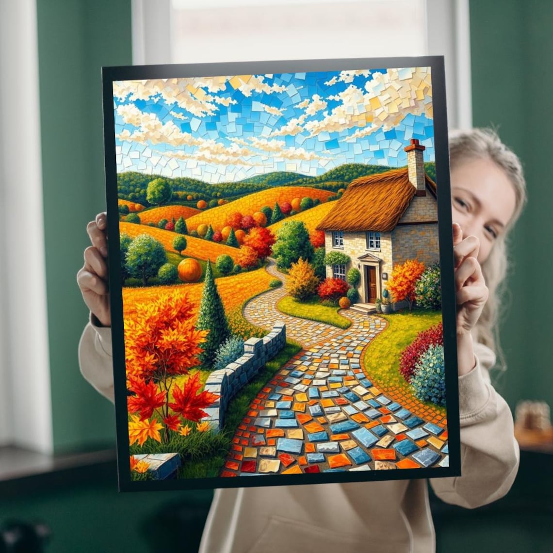 Autumn Mosaic Cottage Tiled Path Fall Foliage Landscape Poster