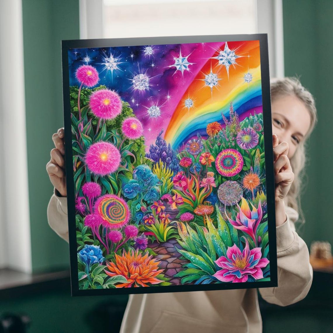 Trippy Rainbow Garden Psychedelic Floral Art Print In Neon Colors