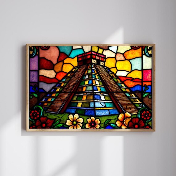 Chichen Itza Pyramid Stained Glass Style Mayan Mosaic Art Poster