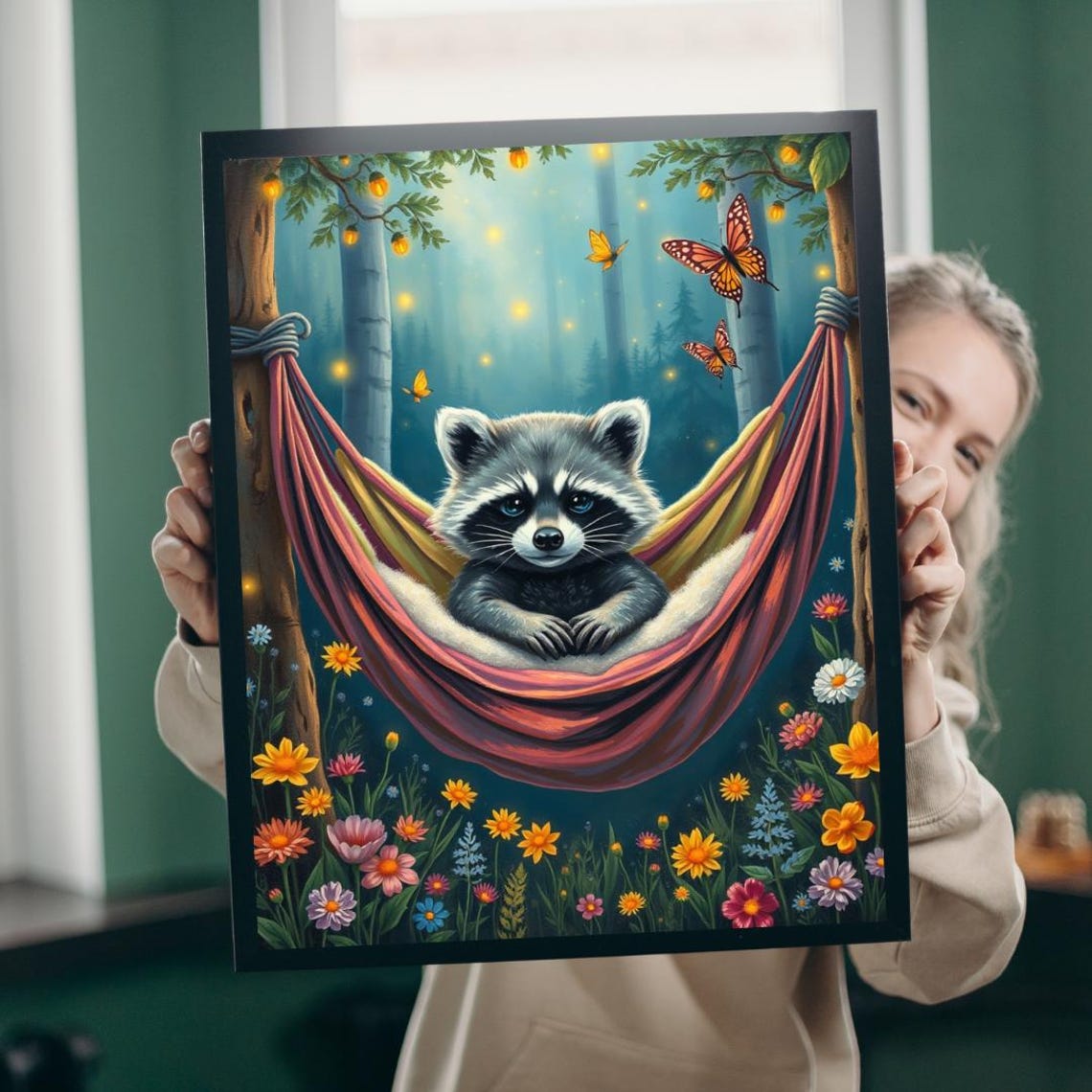 Baby Raccoon Rainbow Hammock Butterflies Magical Forest Art Poster