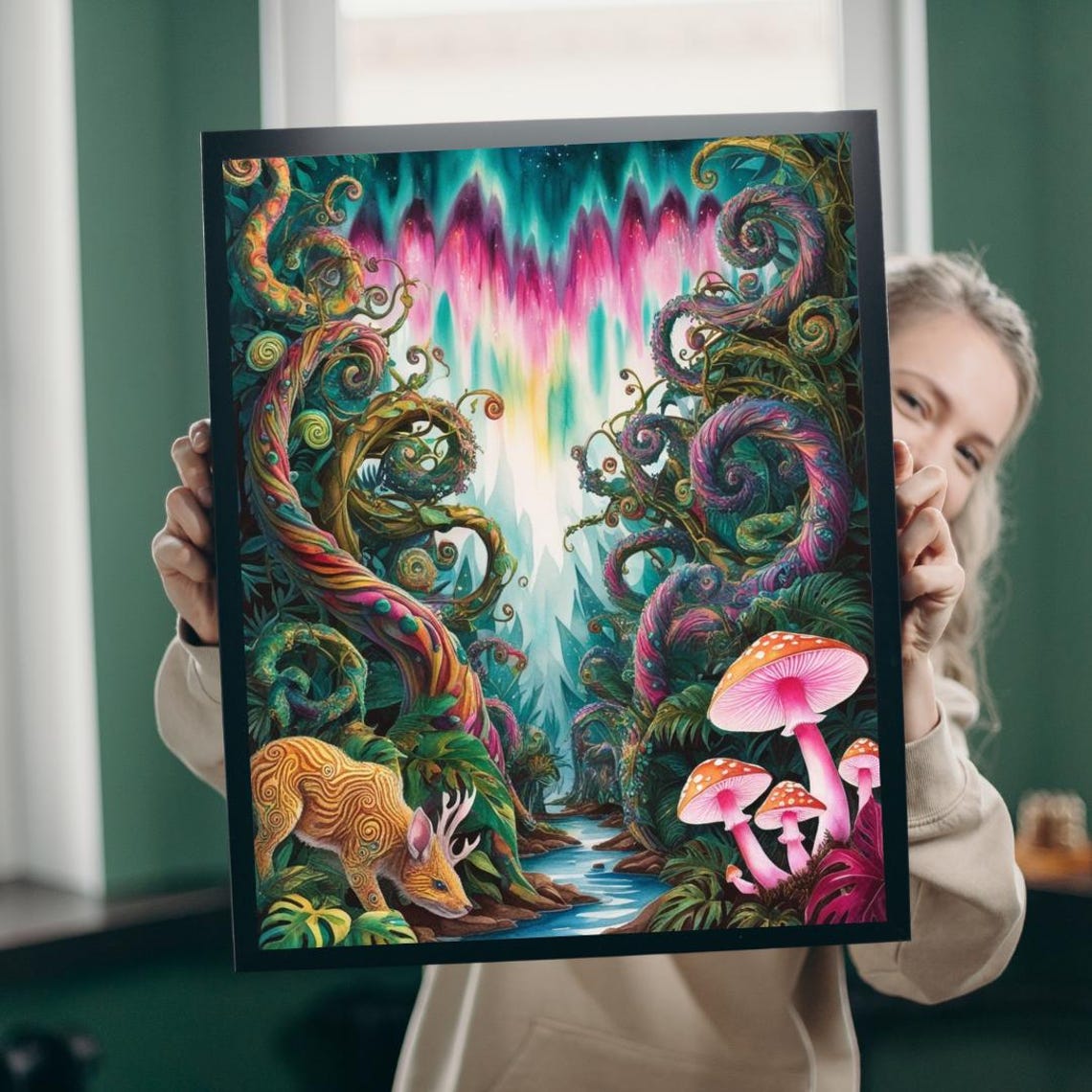 Kaleidoscopic Psychedelic Jungle Mushroom And Aurora Art Poster