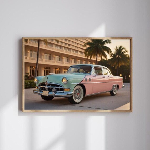 Pastel Packard Two Tone Classic Car At Palm Hotel Sunset Poster