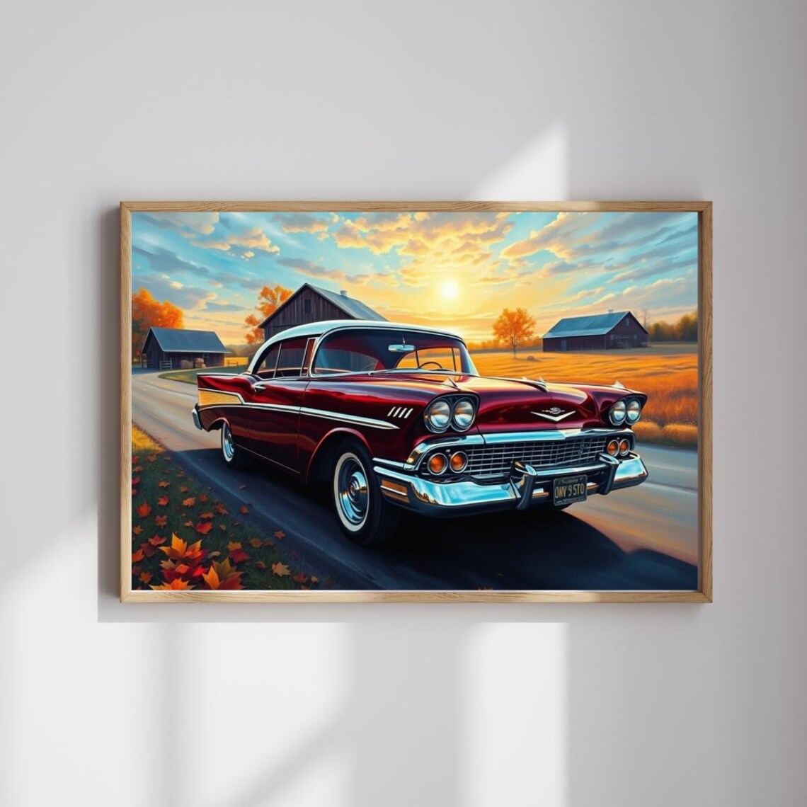 1957 Chevrolet Bel Air Red Classic Car at Country Sunset Poster