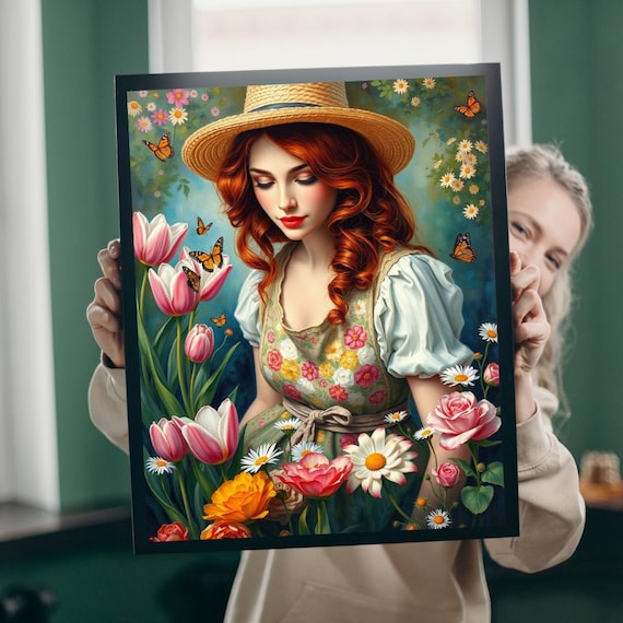 Redhead Woman in Straw Hat Among Tulips Roses Butterflies Poster