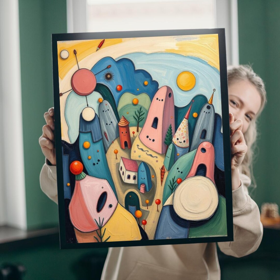Whimsical Fantasy Village With Smiling Houses Pastel Art Poster