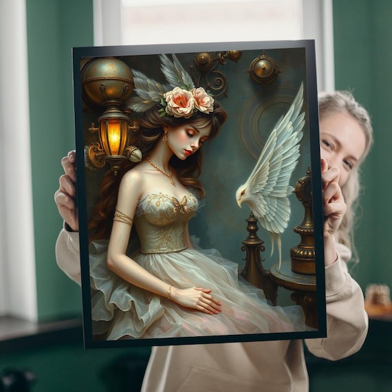 Steampunk Beauty Portrait White Dove Lantern Floral Art Print