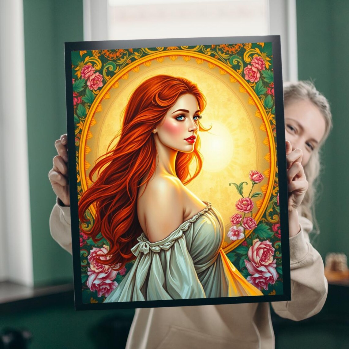 Red Haired Woman Golden Halo Warm Pink Roses Portrait Art Poster