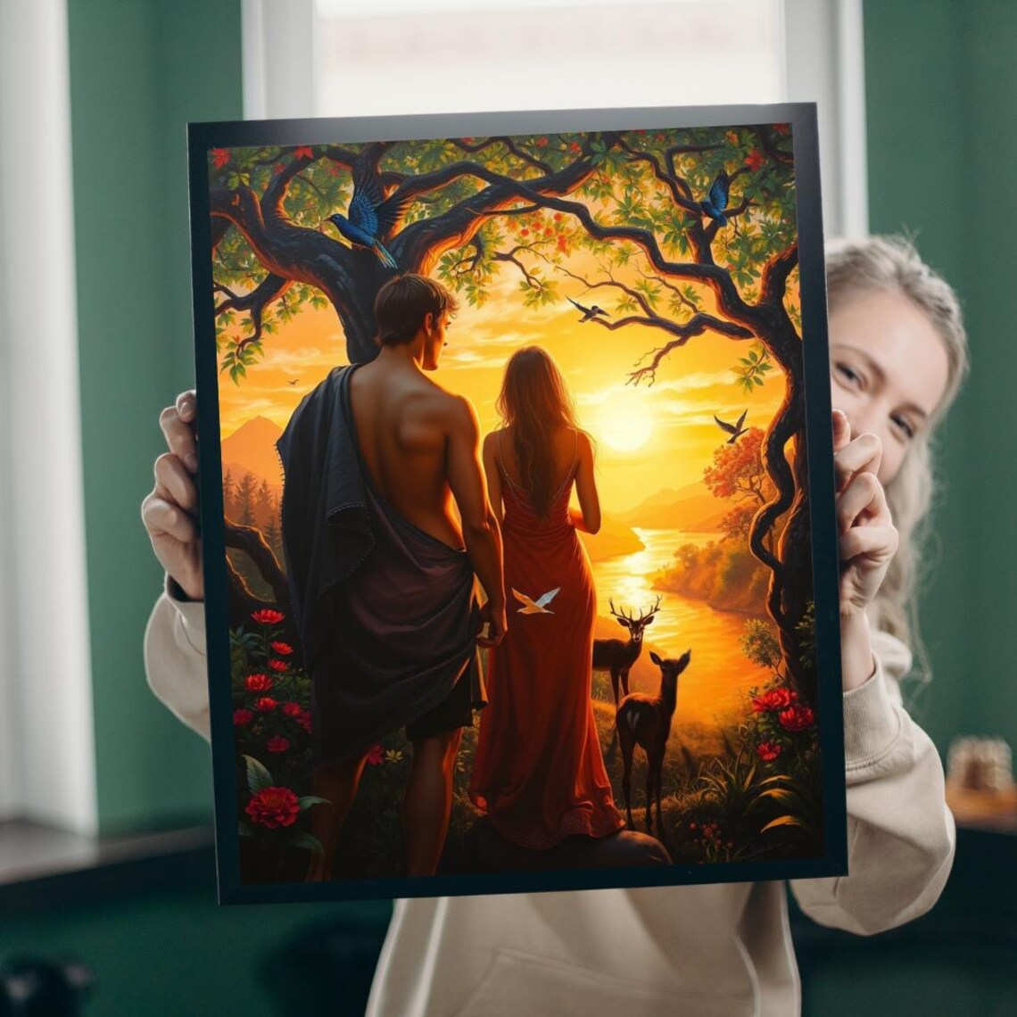 Adam And Eve Garden Of Eden Sunset Romantic Paradise Scene Poster