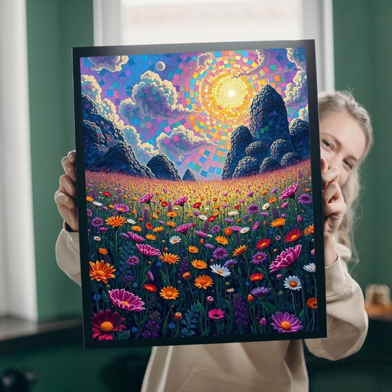 Mosaic Sunrise Flower Field Rainbow Sky Floral Landscape Print