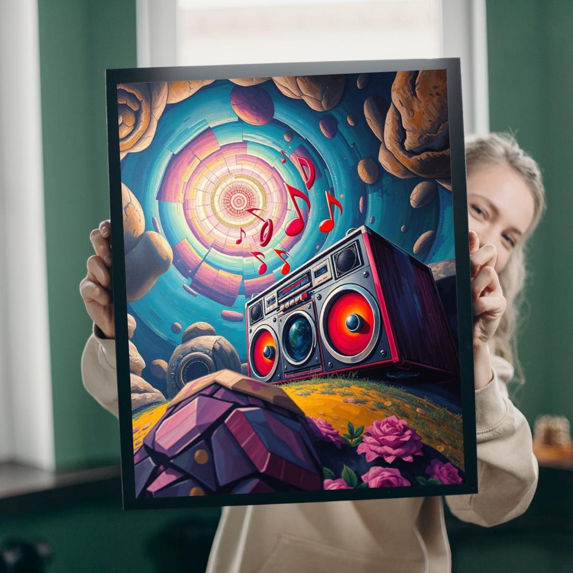 Retro Boombox Psychedelic Music Spiral Colorful Pop Art Poster