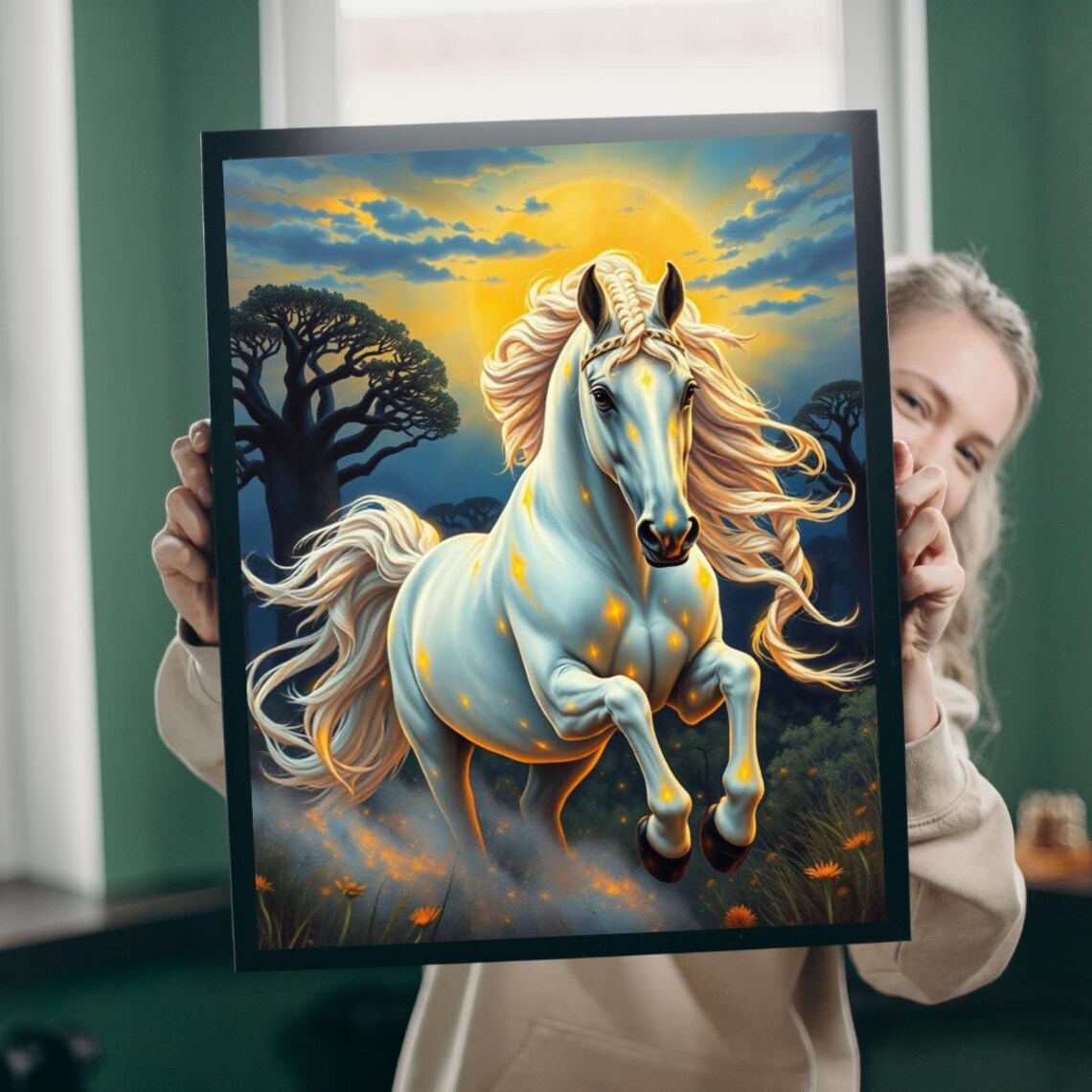 White Horse Galloping At Sunset With Golden Braided Mane Poster