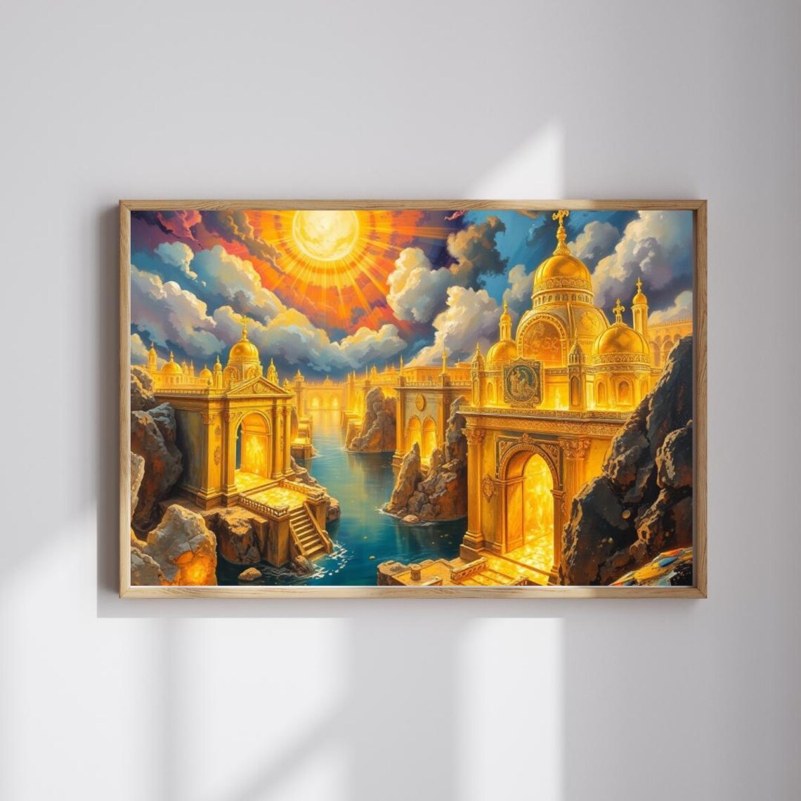 Shining Golden City of Domes Beneath Radiant Sun Fantasy Wall Art