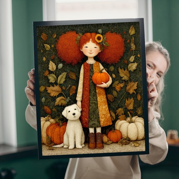 Pumpkin Patch Storybook Fairytale Puzzle Redhaired Girl And White Terrier In A Whimsical Autumn Scene
