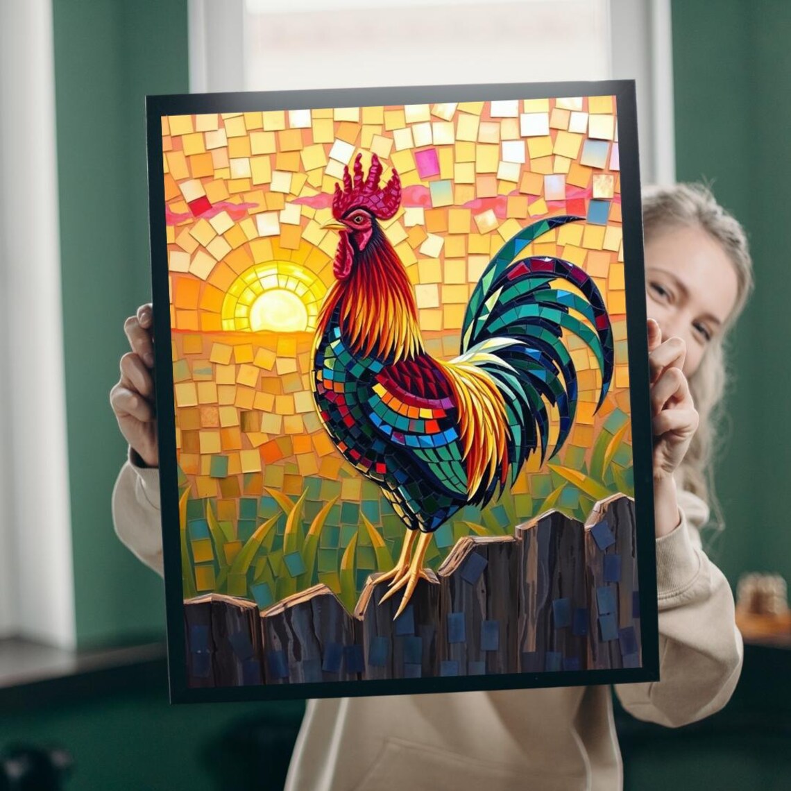 Colorful Vibrant Mosaic Rooster Sunrise Farm Fence Art Poster