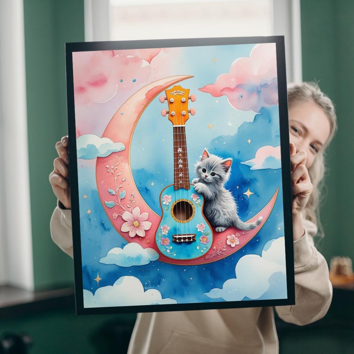 Sweet Kitten With Floral Ukulele On Pink Crescent Moon Wall Art