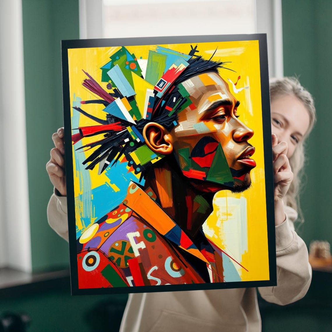 Geometric Mosaic Man Portrait Bold Yellow Abstract Art Print