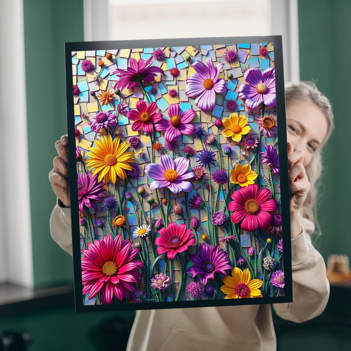 Pink Daisy Mosaic Flower Poster Colorful Stained Glass Garden Bloom Art
