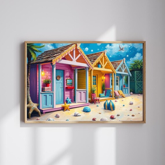 Pastel Beach Huts Sandy Shore Seashells Coastal Cottage Wall Poster