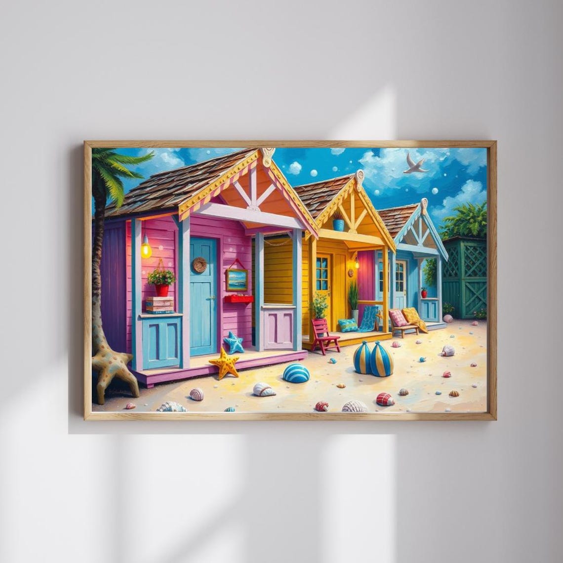 Pastel Beach Huts Sandy Shore Seashells Coastal Cottage Wall Poster