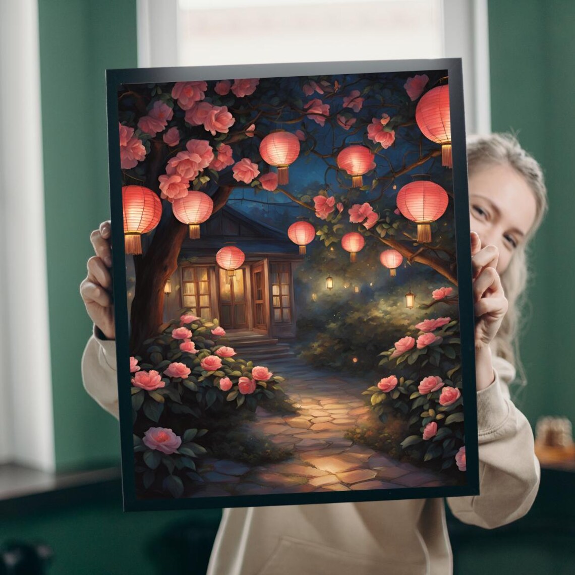 Lantern Lit Cottage Night Blooming Camellias Glowing Red Poster