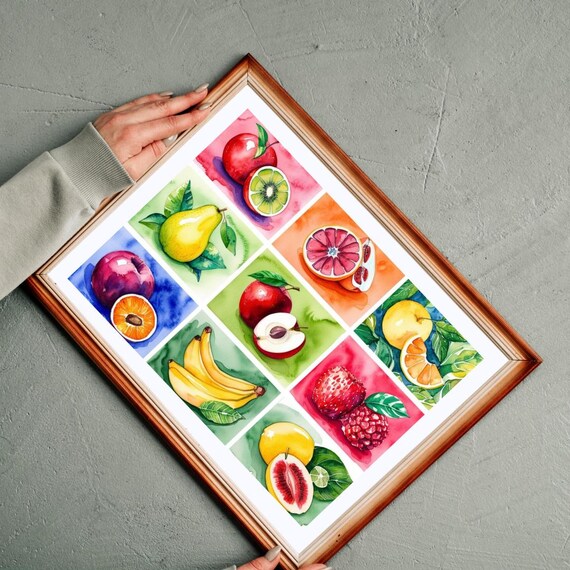 Watercolor Fruit Collage Nine Fresh Panel Botanical Art Poster