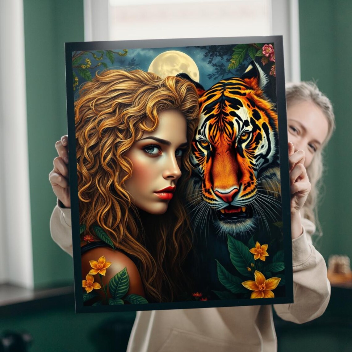 Woman And Tiger Moonlit Jungle Night Wildlife Bold Art Poster