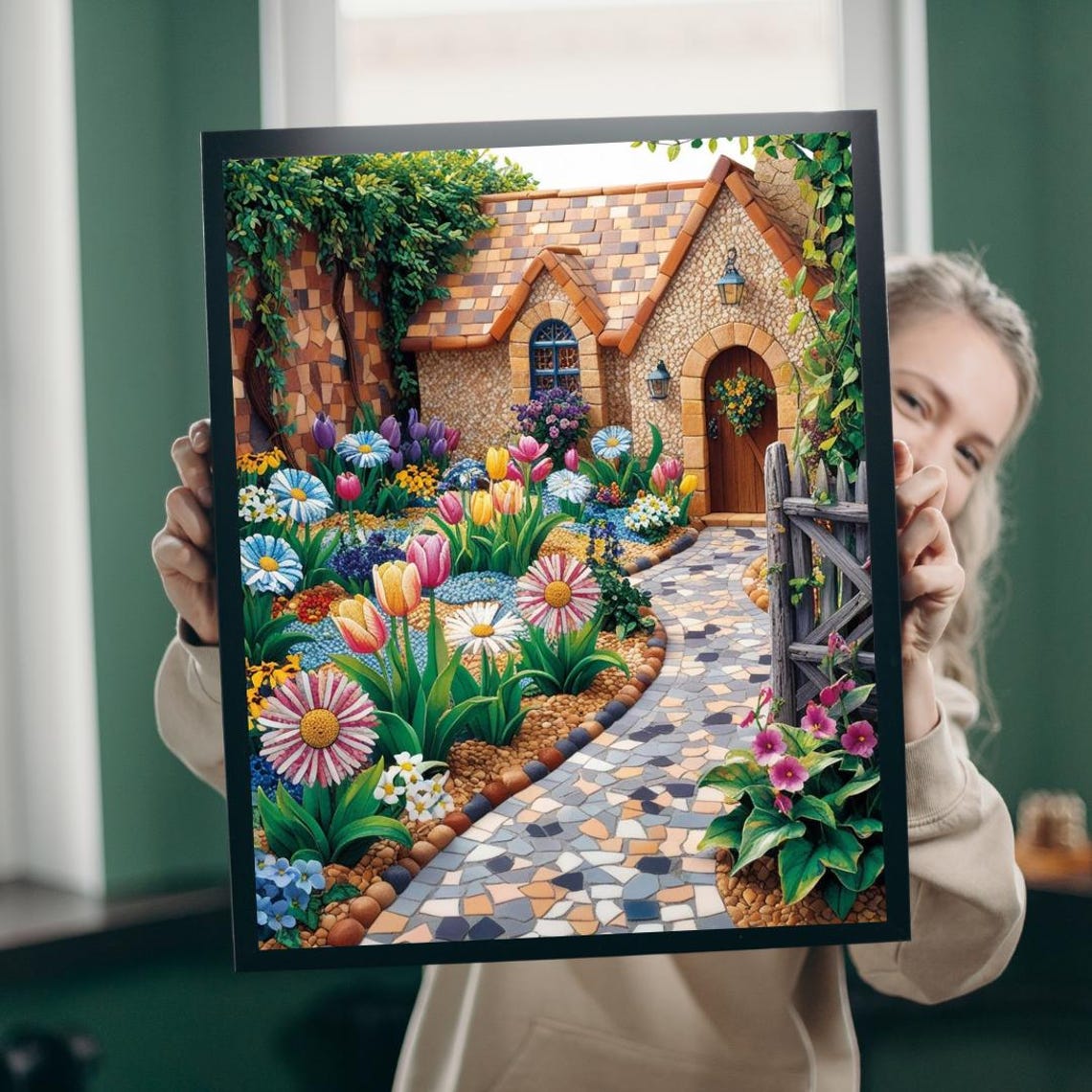 Stone Cottage Garden Path Mosaic Style Bright Flower Art Poster