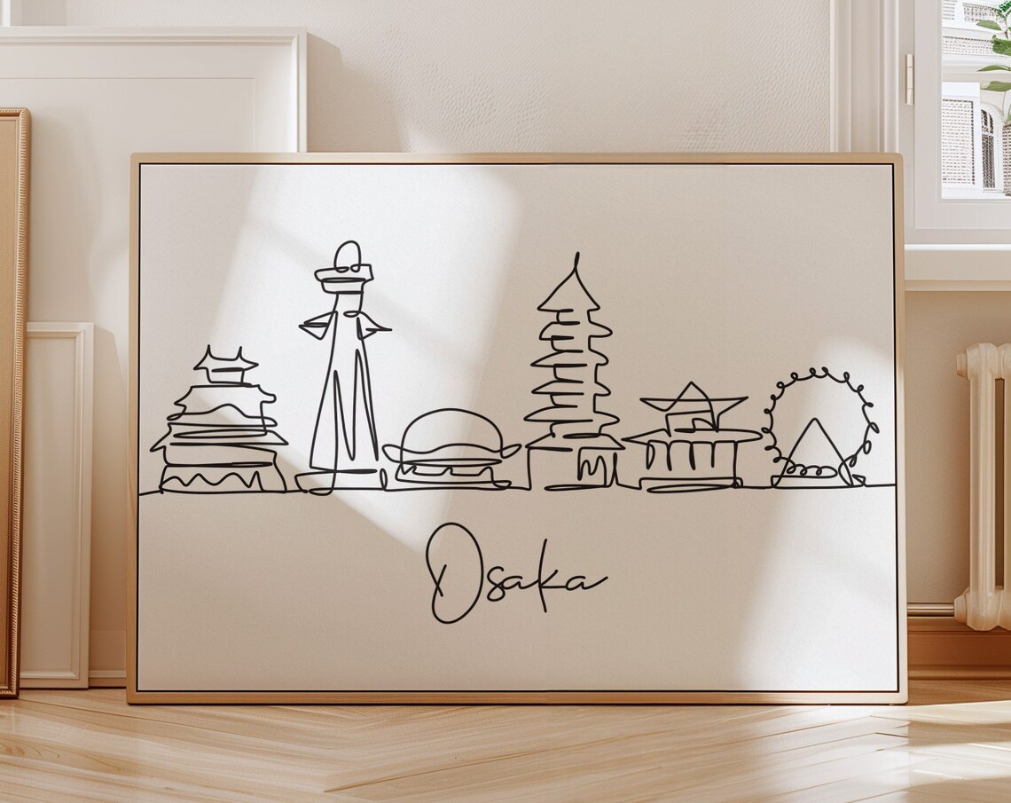 Osaka Japan City Skyline Pagoda Black Line Art Travel Poster