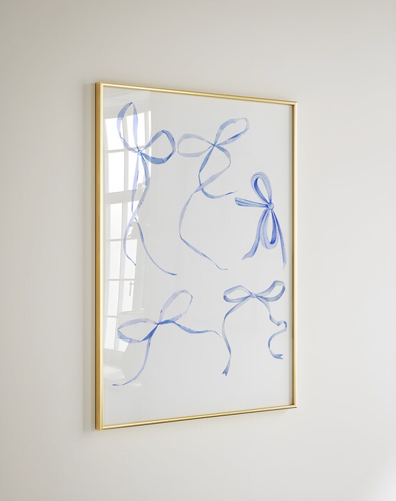 Five Blue Watercolor Ribbon Bows Scattered Minimalist Poster