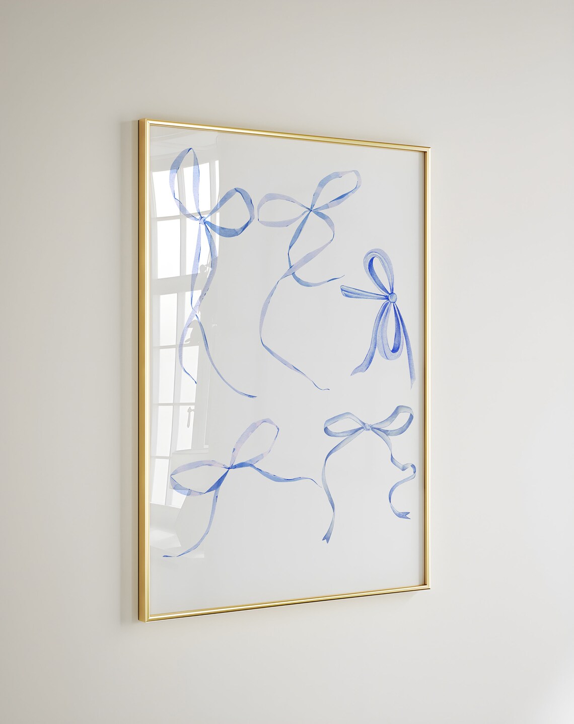 Five Blue Watercolor Ribbon Bows Scattered Minimalist Poster
