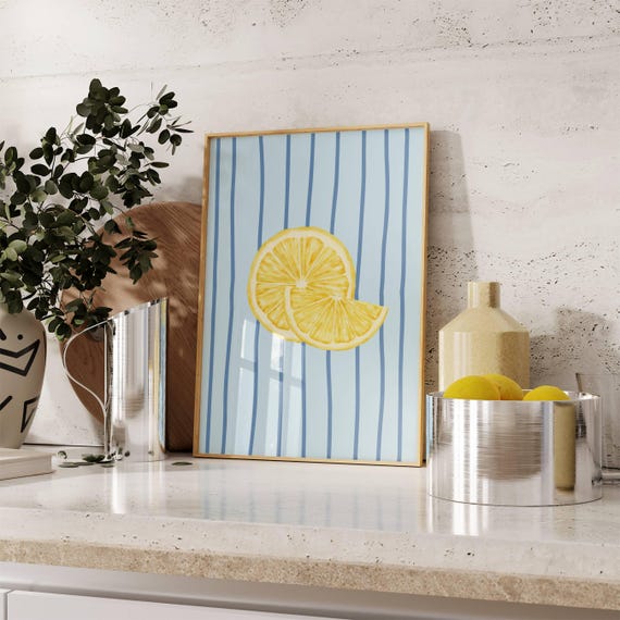 Lemon Kitchen Wall Art Yellow Citrus Print With Blue Stripes Summer Fruit Poster Instant