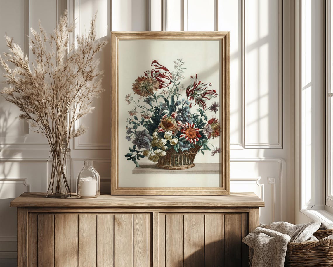Hand Colored Art Flower Basket Broken Tulips Carnations Poster - Image 4