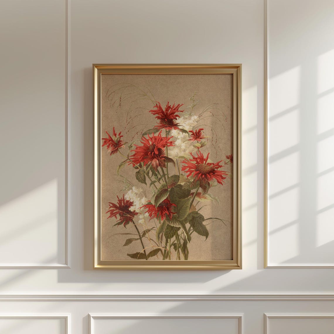 Scarlet Bee Balm Wildflowers on Warm Tan Botanical Art Poster - Image 5