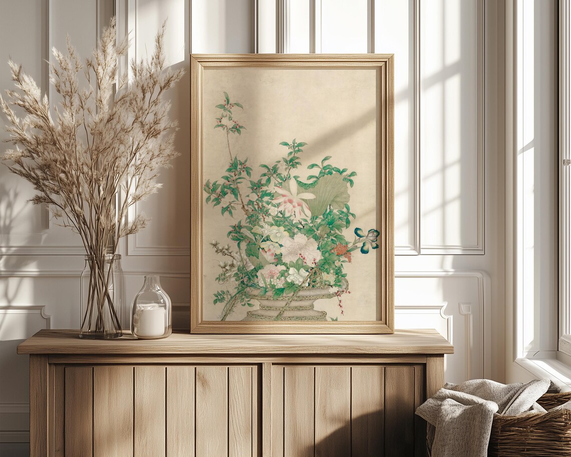 Chinese Flower Basket Painting White Blossoms Lotus Leaf Poster - Image 4