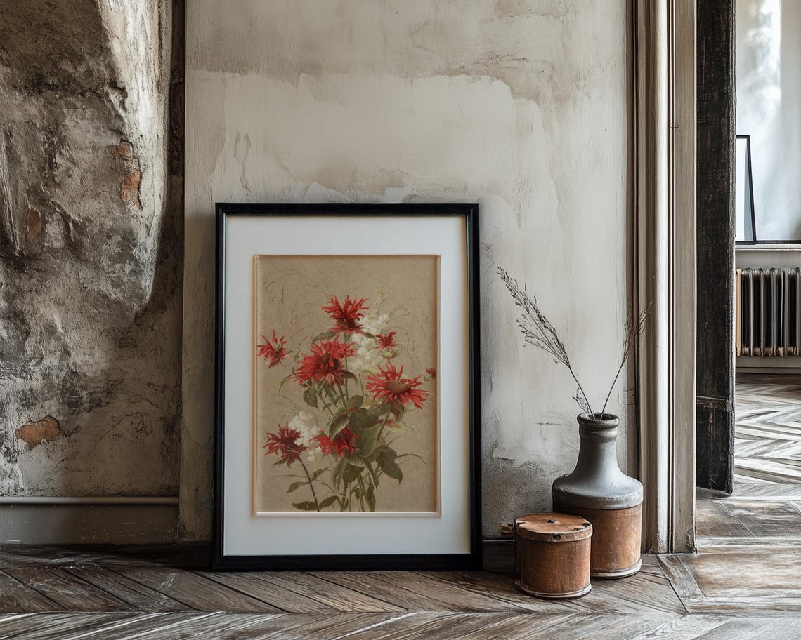 Scarlet Bee Balm Wildflowers on Warm Tan Botanical Art Poster - Image 3