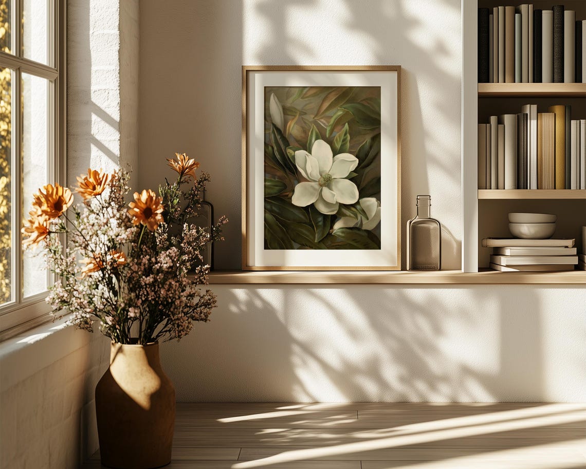 White Magnolia Bloom Glossy Green Leaves Painterly Vintage Poster - Image 6