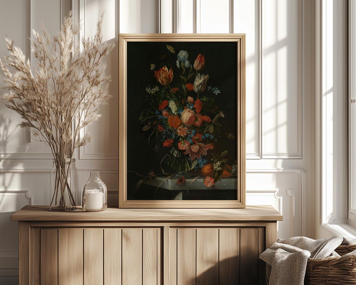 Tulips Iris and Poppies in Glass Vase Dark Still Life Poster - Image 4
