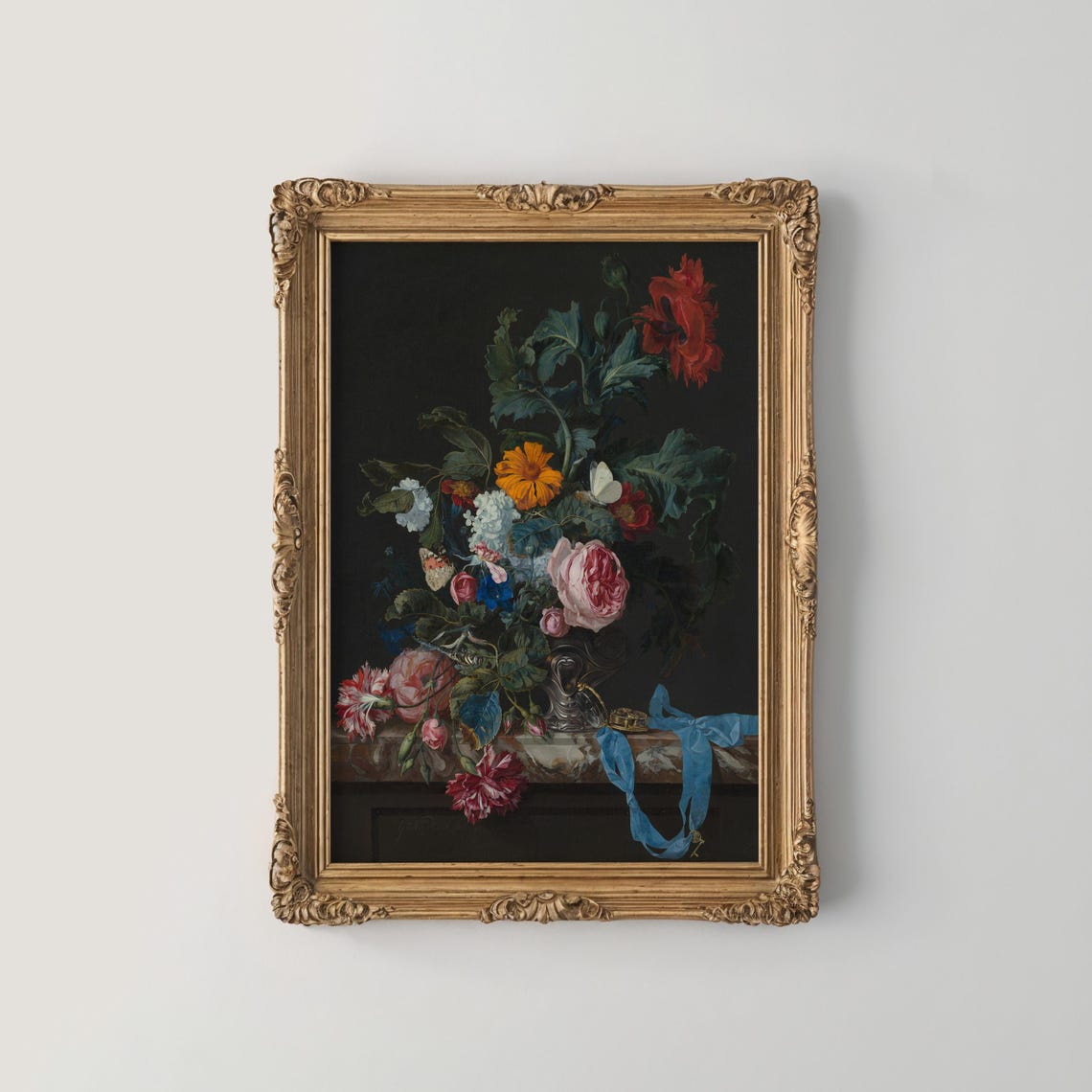 Moody Mixed Bouquet with Blue Ribbon in Dark Classic Still Life Poster