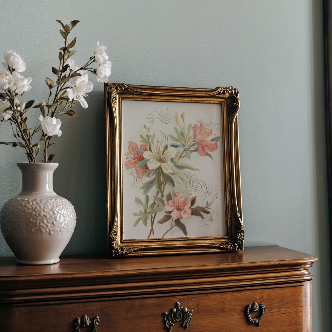 Pastel Azalea Bouquet with Butterfly Japanese Art Nouveau Poster - Image 2