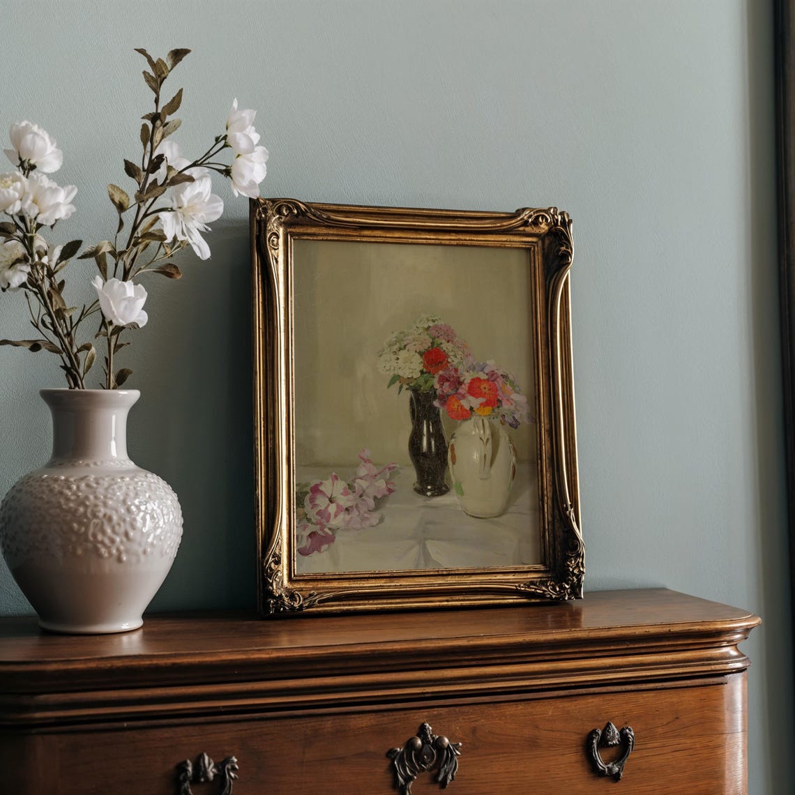 Tabletop Flower Still Life with Ceramic Jug Black Vase Poster - Image 2