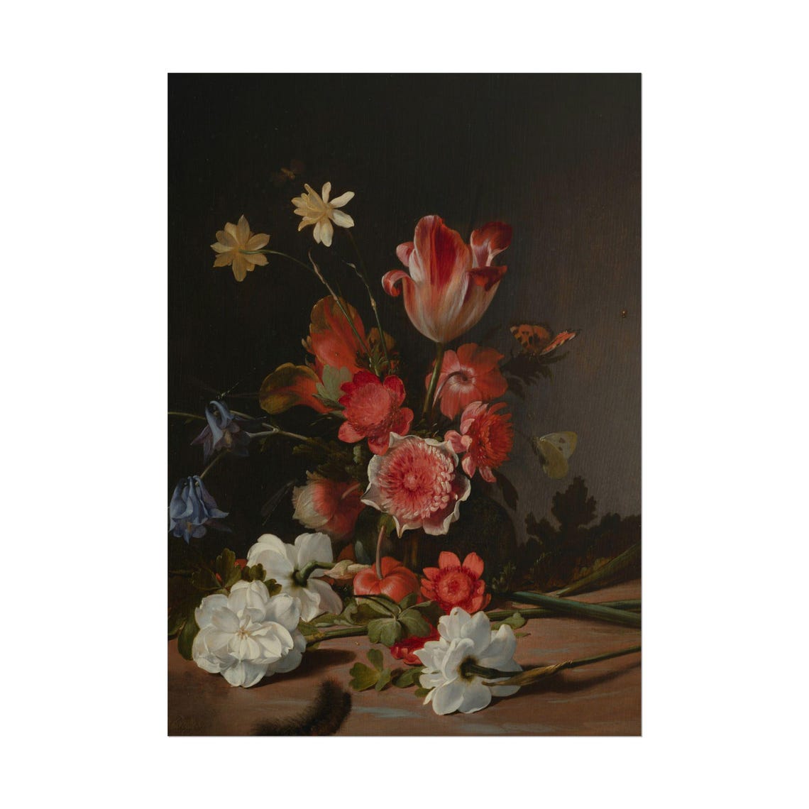 Tulips Anemones and Columbine Dark Floral Still Life Painting Poster