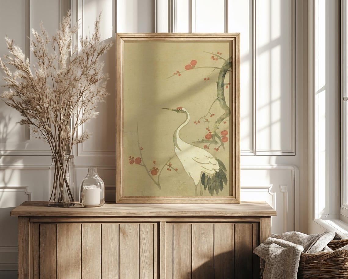 Japanese Crane Red Plum Blossom Branch Watercolor Art Poster - Image 4