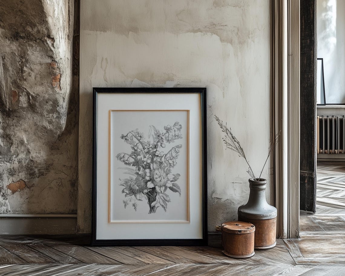 Wildflower Bouquet Monochrome Pencil Sketch Botanical Decor Print - Image 3