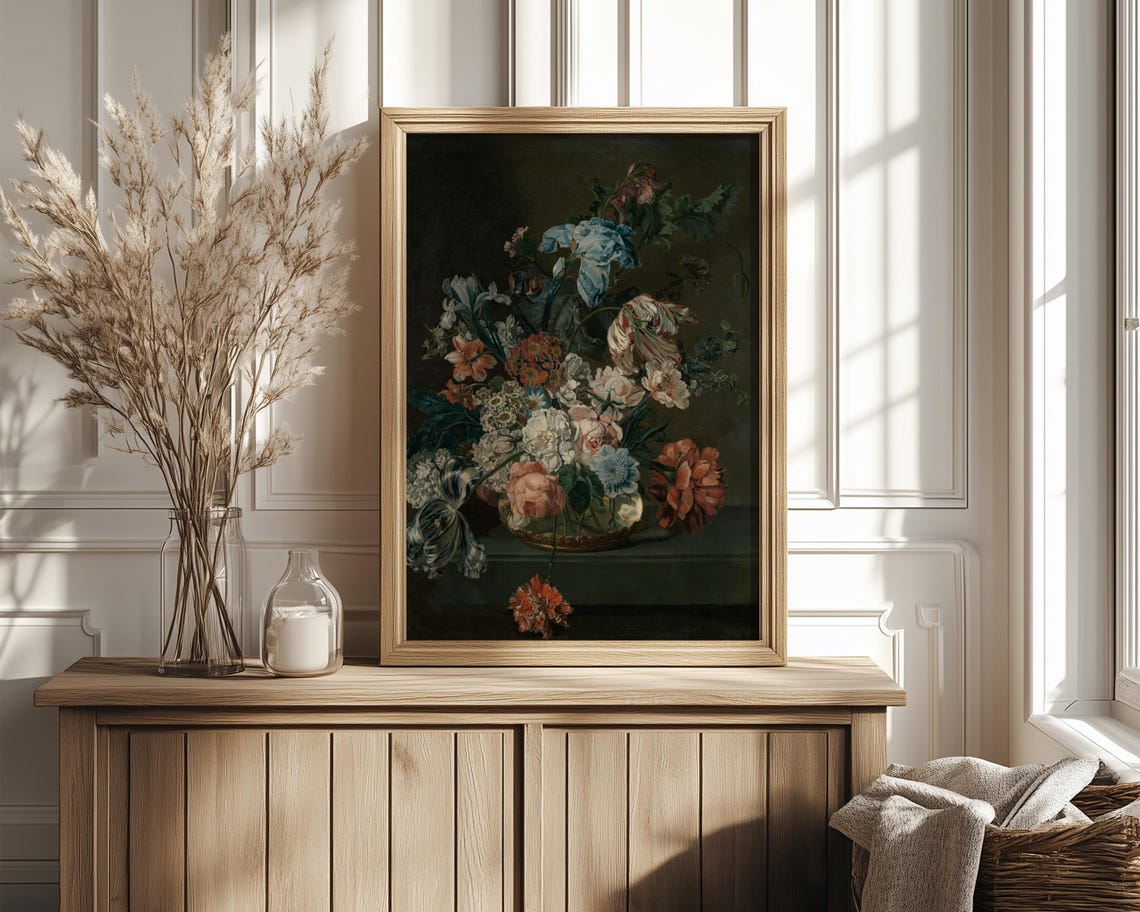 Blue Iris and Parrot Tulip Dark Floral Still Life Painting Poster - Image 4