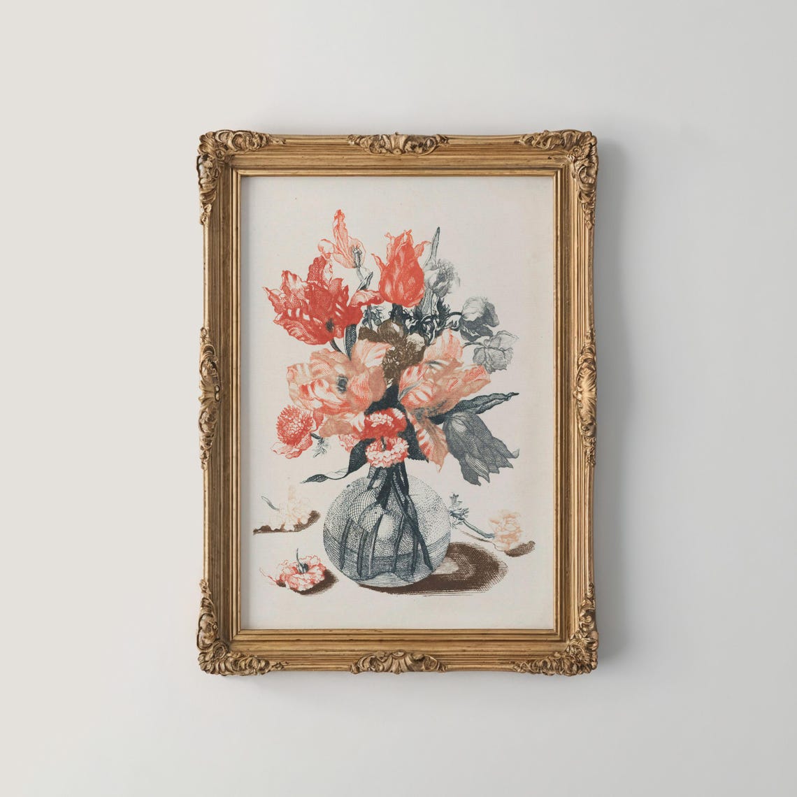 Red Tulips And Carnations In A Glass Vase Vintage Bouquet Print