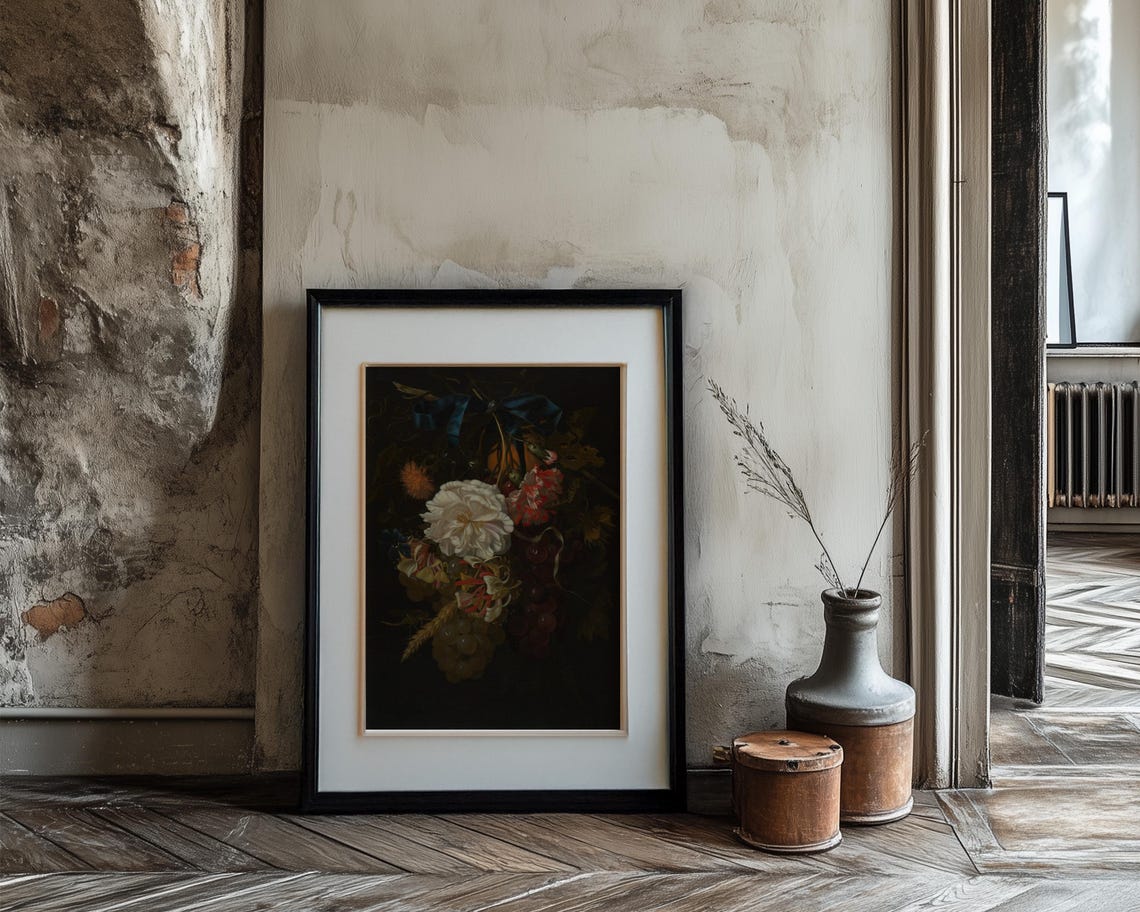 Dark Baroque Floral Festoon White Rose Blue Ribbon Vintage Poster - Image 3
