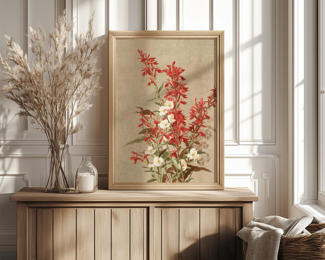 Crimson Monarda Wildflower Cluster in Vintage Botanical Art Poster - Image 4