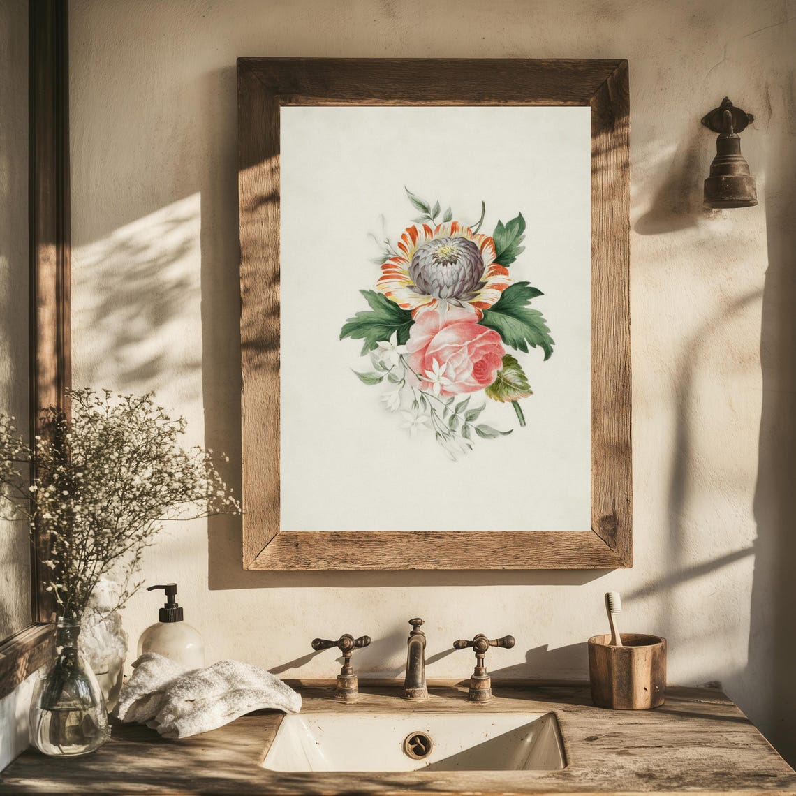 Striped Orange Flower And Pink Roses Vintage Botanical Print - Image 4