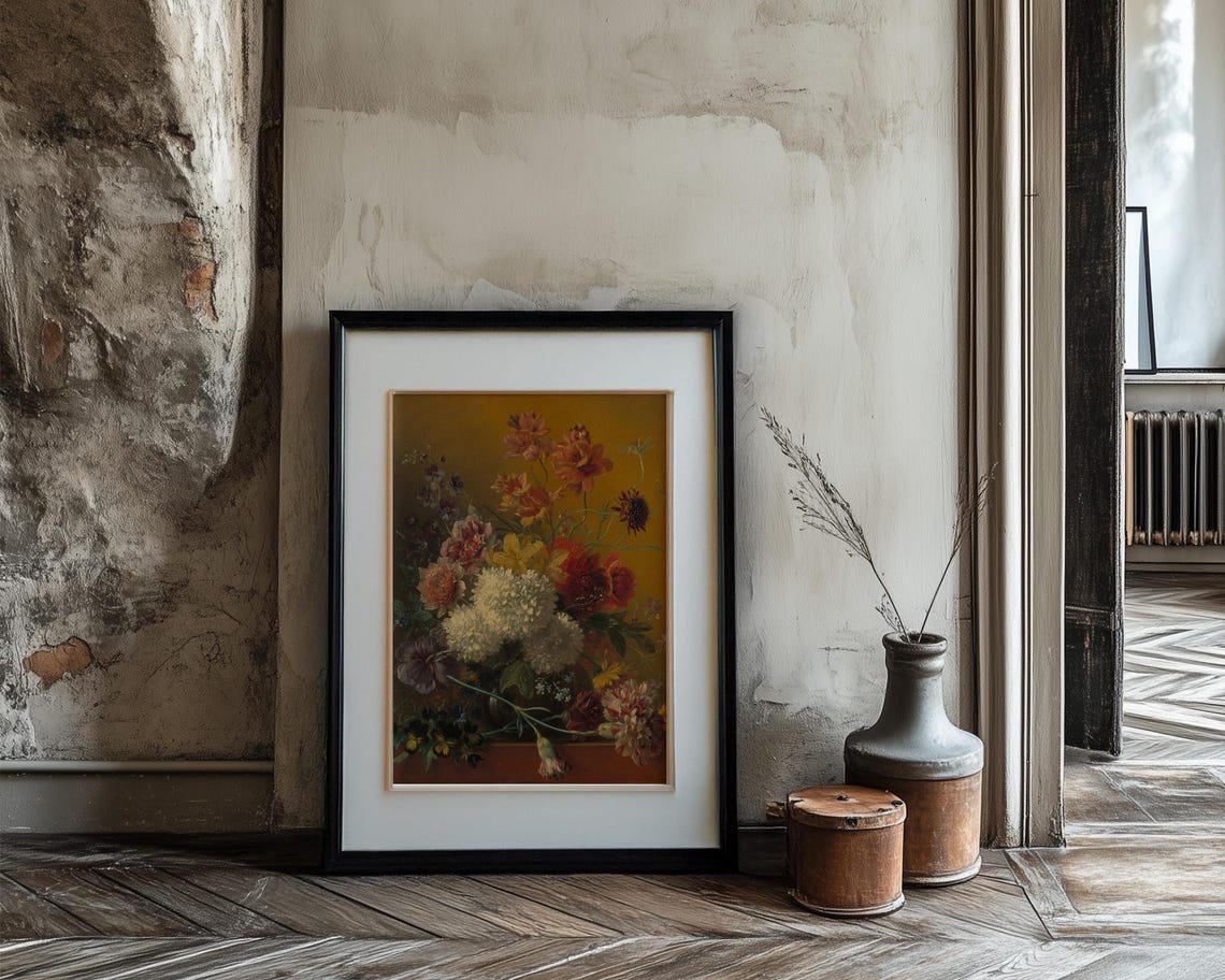Classic Dutch Bouquet with Dahlias Golden Oil Painting Poster - Image 3