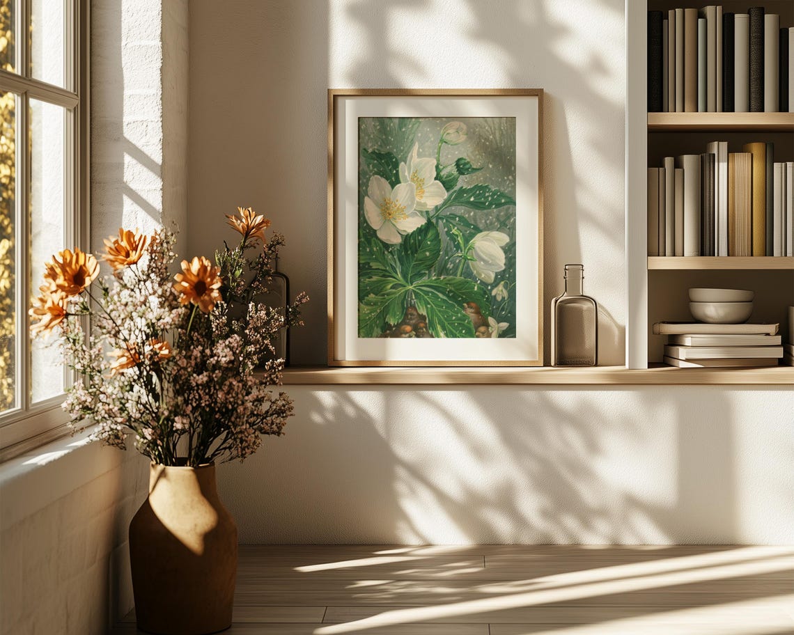 White Hellebore Christmas Rose in Snow Vintage Botanical Art Poster - Image 6